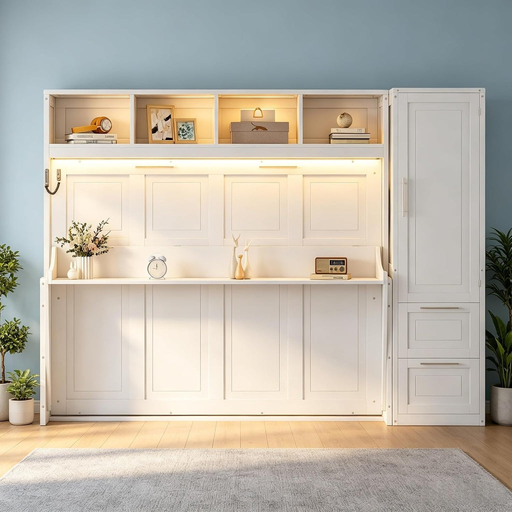 Queen Horizontal Murphy Bed with Desk, Wardrobe, Storage Drawers & Shelves, White