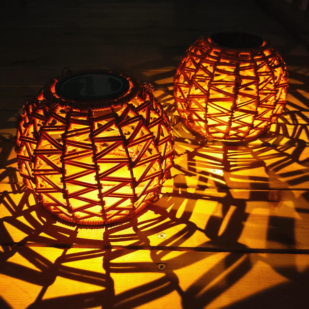 Solar Hanging Lanterns Outdoor Waterproof, 2 Pack Solar Chandelier Outdoor with 7.75in Boho Rattan Lantern, Hanging