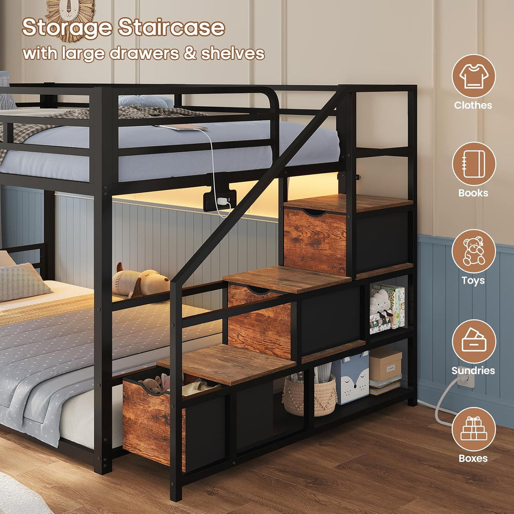 Low Bunk Bed Twin Over Twin with Storage Staircase, Drawers & Shelves