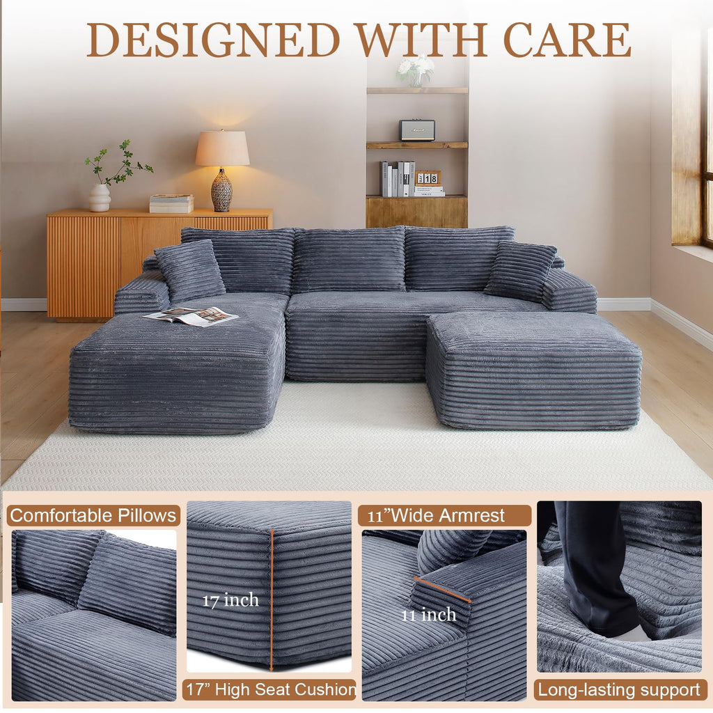 108" Cloud Sectional Couch, Modern Boneless Couch with Chaise, Deep Seat Modular Sectional Sofa Corduroy Foam Couches