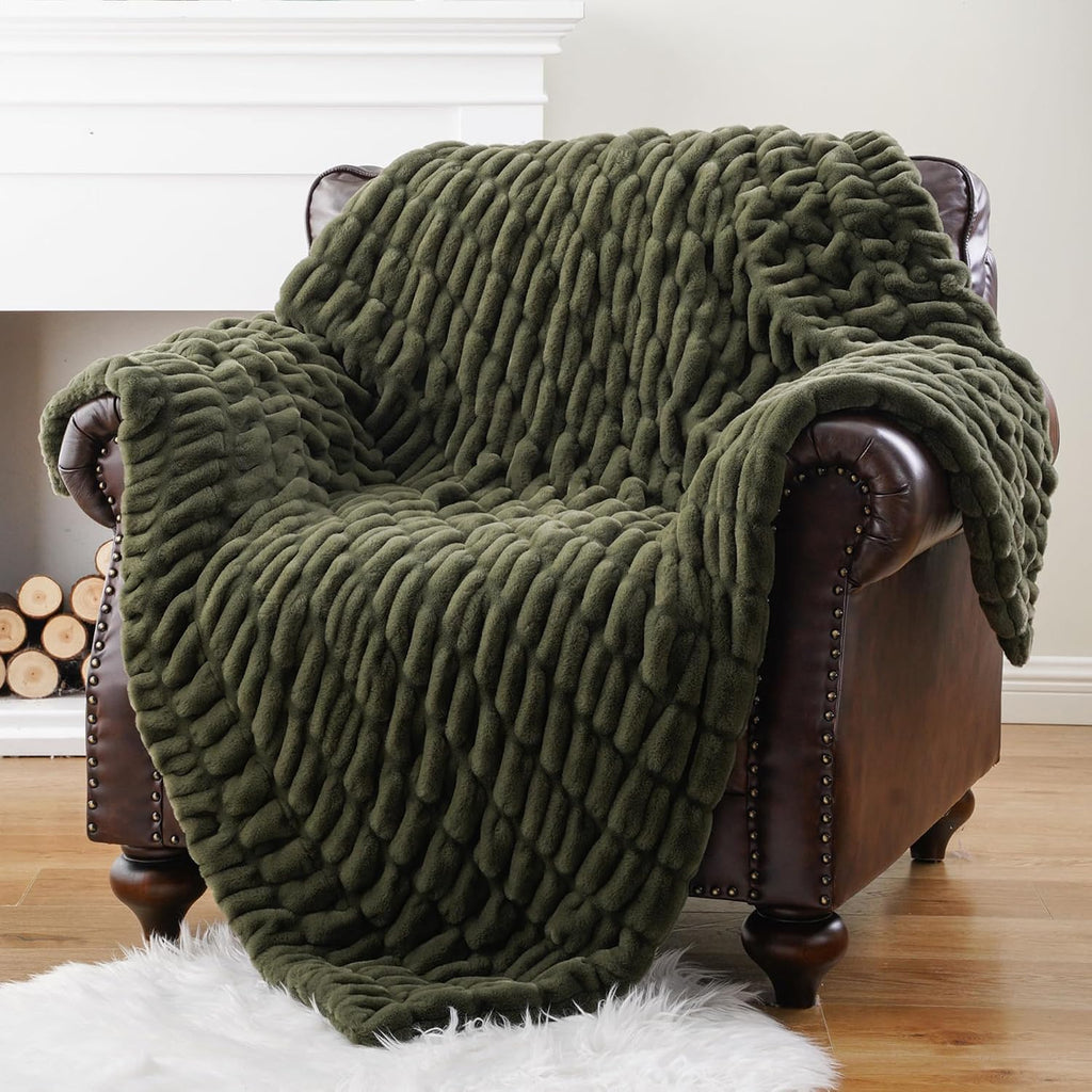 Super Soft Faux Fur Throw Blanket for Couch, 50"x60", Double Side | Olive Green Throw Blanket, Bubble Blanket, Cozy