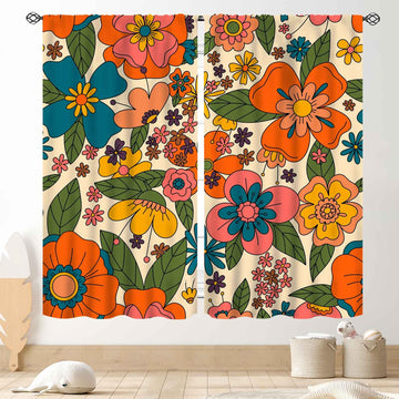 Funky Floral Curtains, Retro Vintage 60S 70S Hippie Groovy Boho Floral Flower Trippy Modern Aesthetric Window