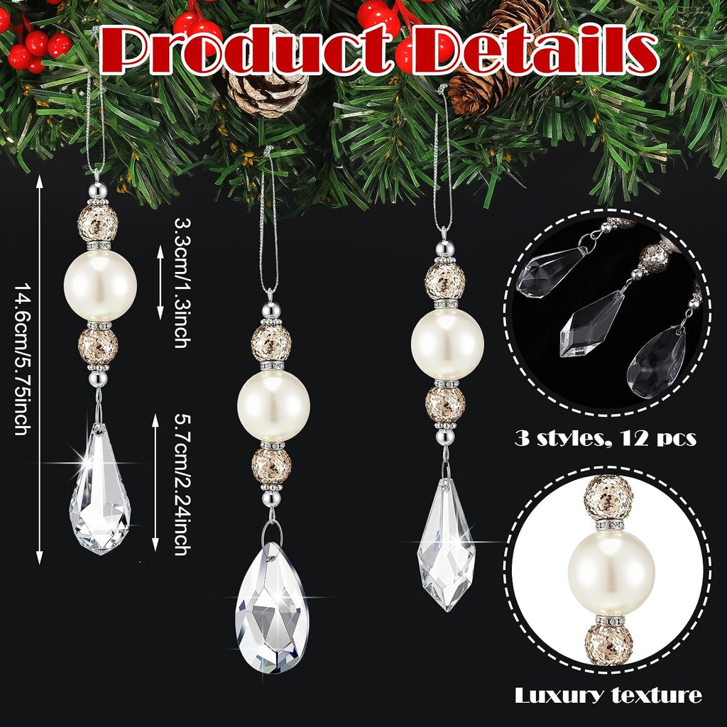 12 Pcs Pearl and Crystal Drop Ornaments Fancy Christmas Tree Decor