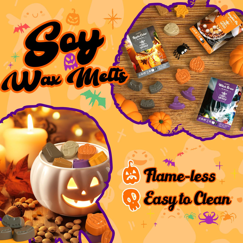 Halloween Scented Wax Melts, Strong Scented Soy Wax Cubes/Tarts Variety Set for Fall- Pumpkin Pie, Caramel Apple