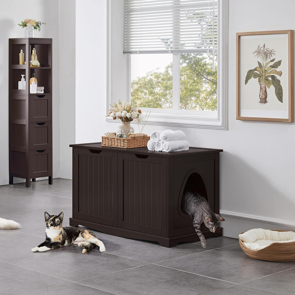 Cat Litter Box Enclosure, Litter Cabinet Furniture Hidden, Wooden Pet Crate Kitty Washroom Storage Bench with Divider
