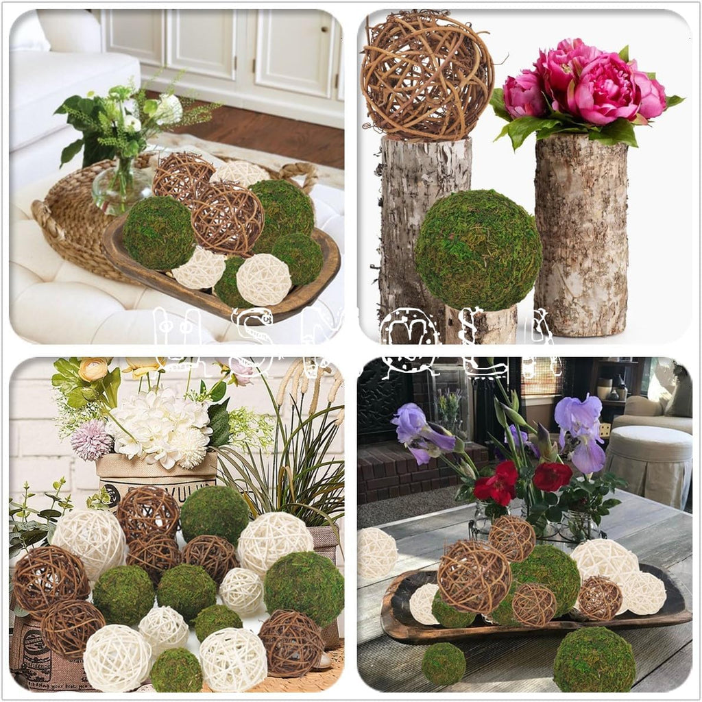 Decorative Balls for Centerpiece Bowl - Fake Moss Balls + Rattan Wicker Balls, Artificial Moss - Set of 18