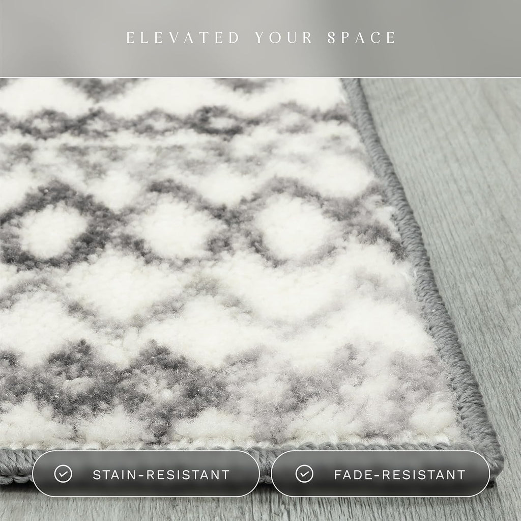Diamond Distressed Moroccan Area Rug - Made in USA - Low Pile, Non Slip Pet-Friendly Mat, Living & Dining Room, 5' x