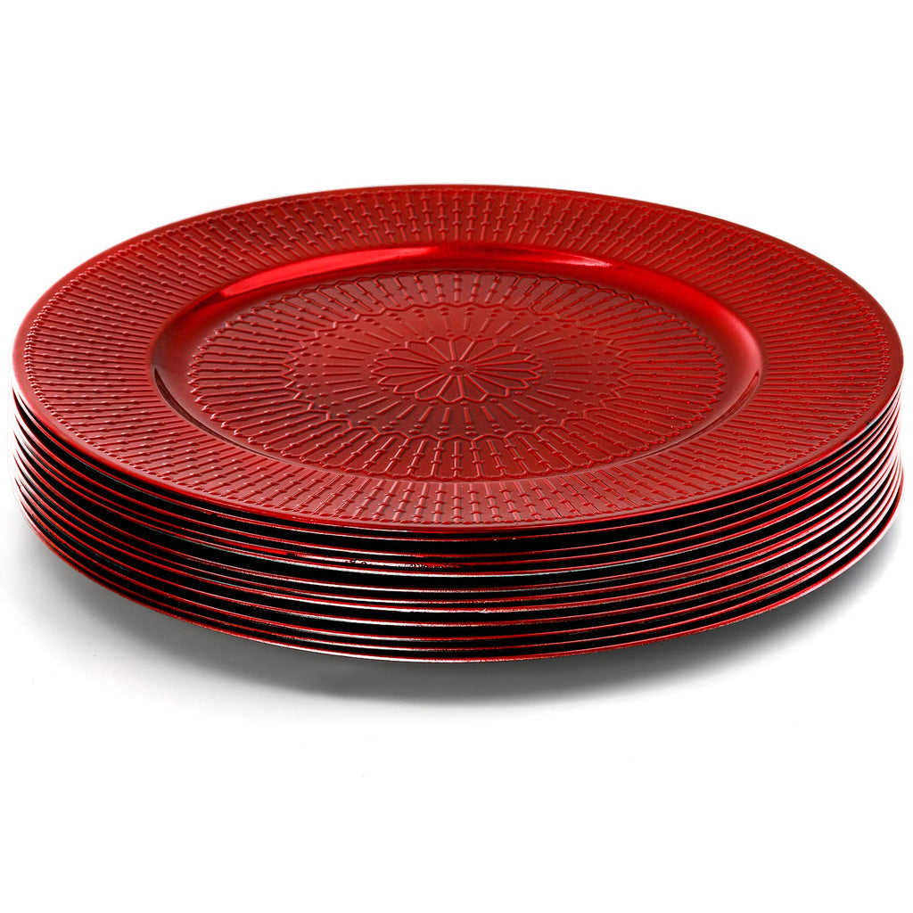 12 Pack Red Charger Plate, 13-inch Beaded Chargers for Dinner Plates, Plastic Reusable Round Charger Platters for