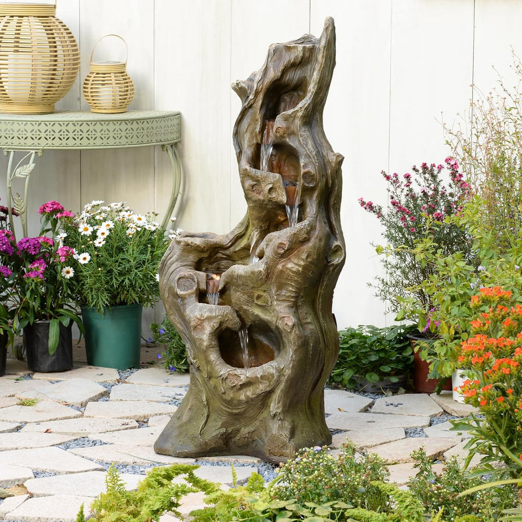 Water Fountain Outdoor 5-Tiers Large Cascading Realistic Tree Trunk Natural Waterfall Outdoor Fountains Resin