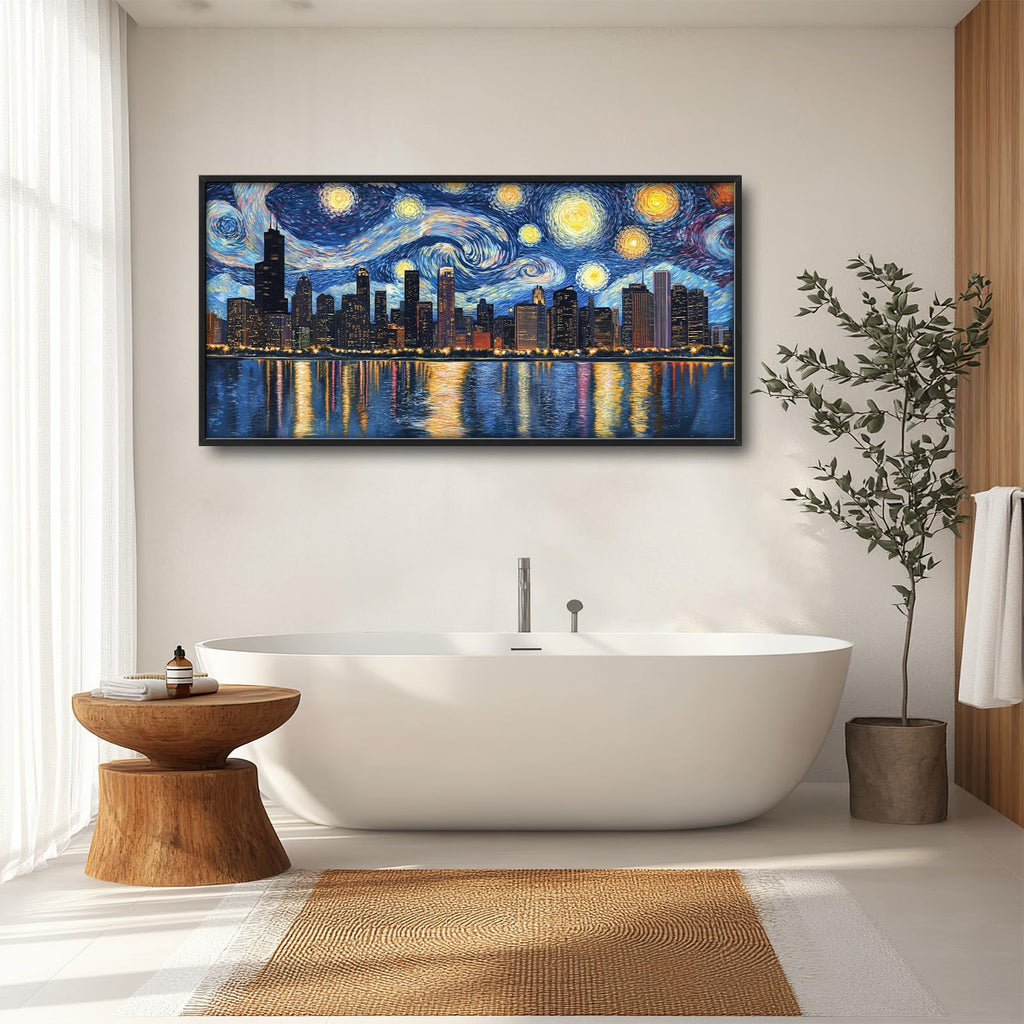 Chicago Skyline Wall, Starry Night Chicago Pictures Wall Decor, USA Cityscape Canvas Prints Painting, Large Building