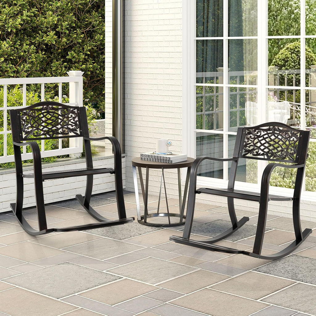 Patio Rocking Chair, Outdoor Cast Aluminum Rocker w/Footrest, Backrest & Curved Armrests, Heavy-Duty Metal Classic