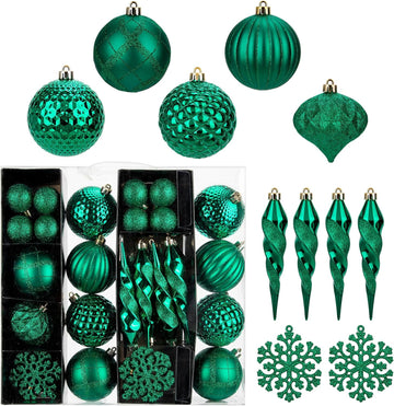 Christmas Tree Ornaments Set with Shatterproof Balls Icicle Snowflake Hanging Ornaments Farmhouse Christmas - Set of 50