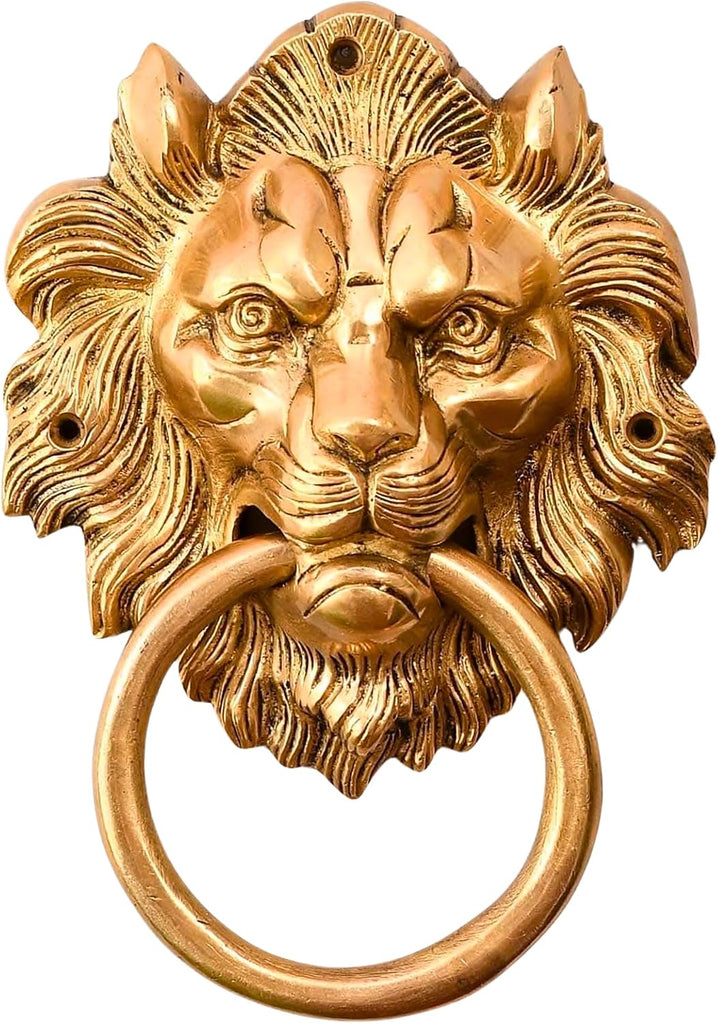 Lion Head Brass Door Knocker Authentic Vintage Unique Front Door Holder with Gold Finish Rare Solid Door Accessories