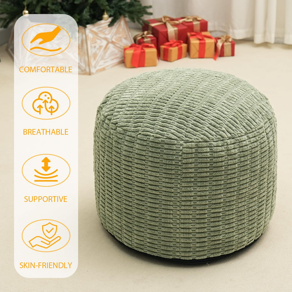 Round Stuffed Pouf Ottoman for Foot Rest 20" X 15" Faux Fur Poufs, Green