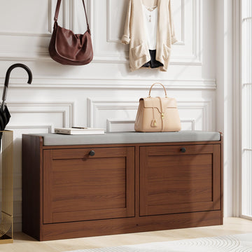 Brown Modern Entryway Bench with 2 Flip Drawers, Entryway Shoe Bench with Padded Seat Cushion, Wooden Storage Bench