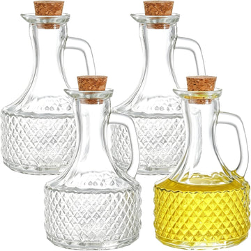 Glass Oil and Vinegar Cruets Bottles, 13.5 Ounce Glass Olive Oil Dispenser Bottle with Handle and Cork, Soy - Set of 4