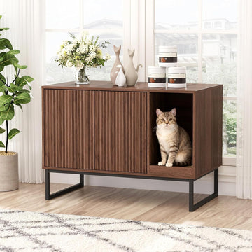Cat Litter Box Enclosure, Fluted Hidden Litter Box Furniture with Scratch Pad and Metal Legs, Modern Enclosed Cat