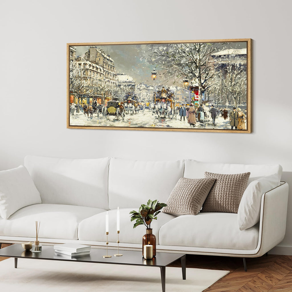 Extra Large Framed Canvas Print Wall Winter Cityscape Street Scene in Snow Antique Retro Fine Illustrations