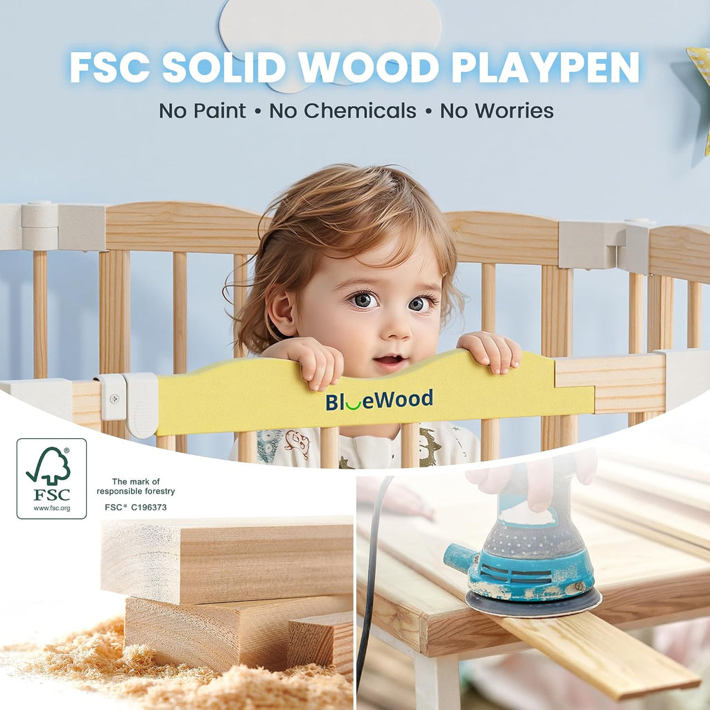 Foldable Wooden Playpen, Natural Pine, 55 x 55 x 24 inches | Adjustable Wood Baby Play Yard with Door, Indoor Large