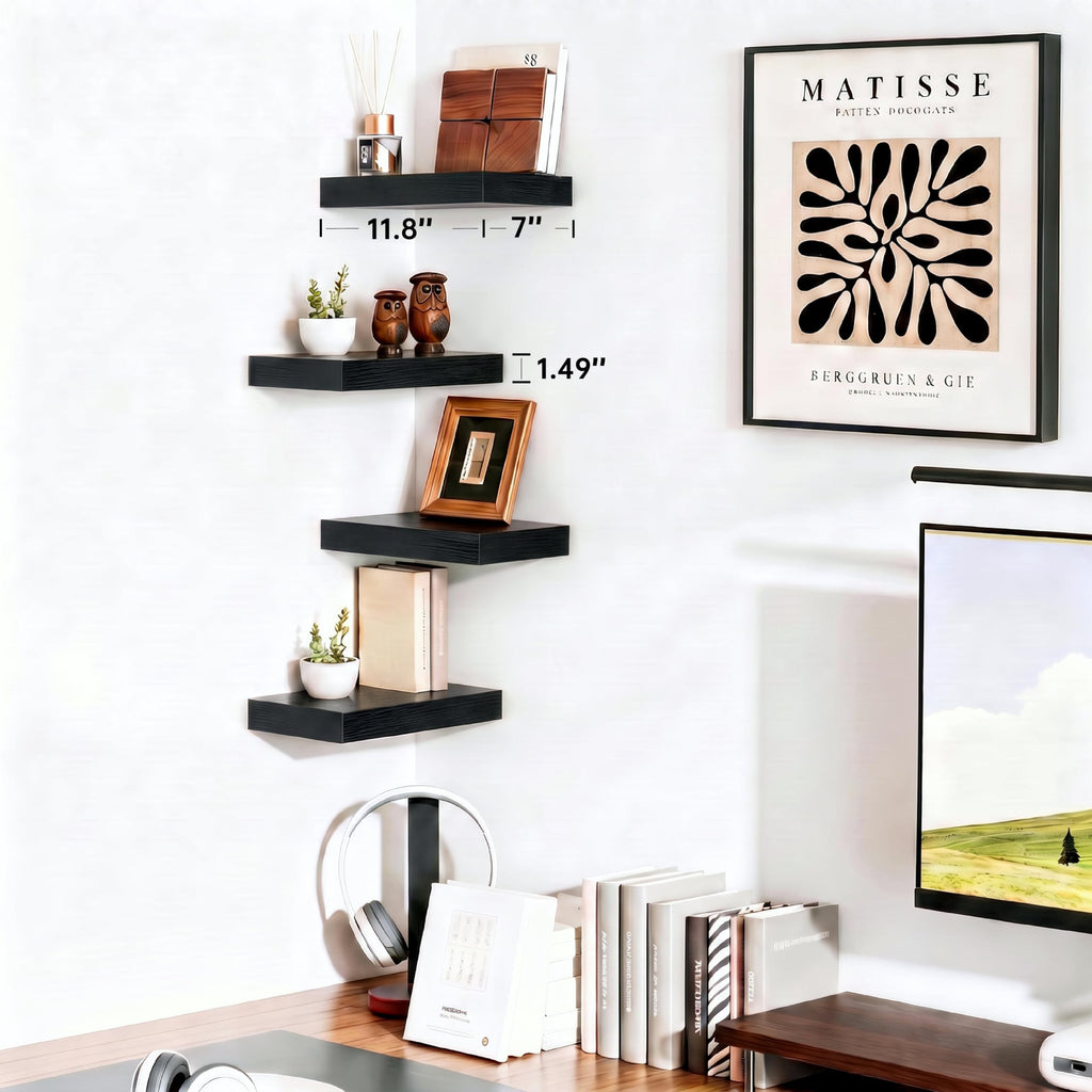 Black Wooden Floating Shelves Wall, 12 Inch Set of 4