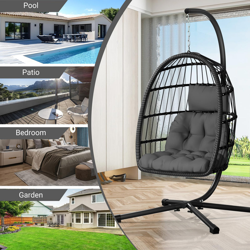 Egg Chair with Stand, Patio Rattan Wicker Hanging Swing Egg Chair Hammock Chair Porch Garden, Thickened Aluminum Alloy