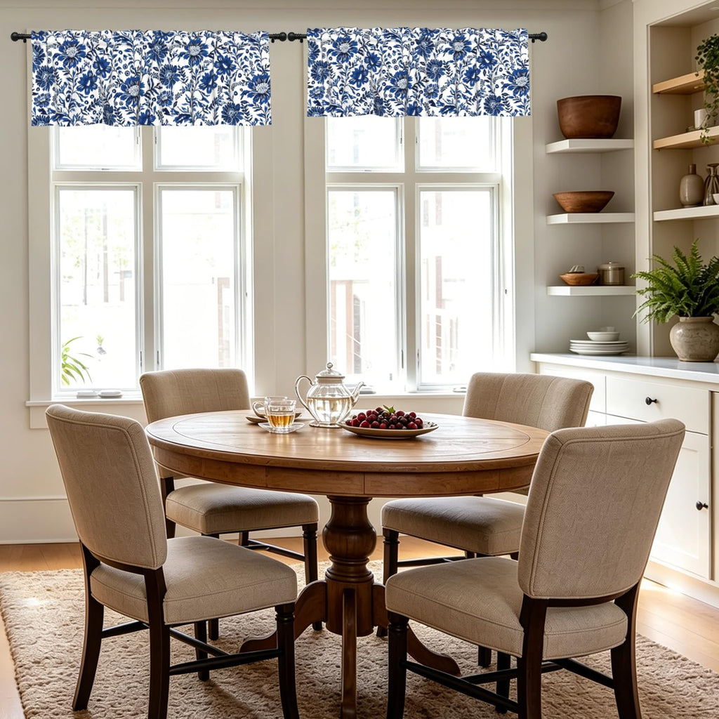 Navy Elegant Floral Kitchen Window Curtain 54"x18", Blue White Vintage Chinoiserie Flower Valance Farmhouse Window