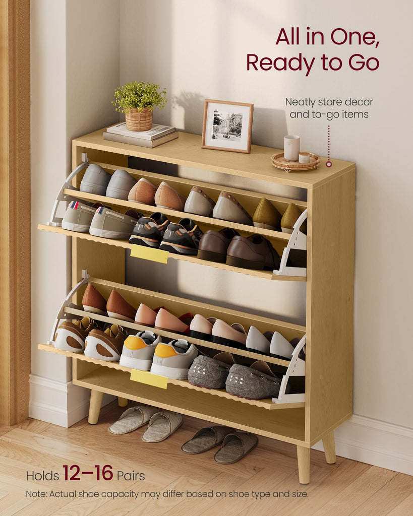 Shoe Storage Cabinet with 2 Flip Drawers, Narrow, Fits 12-16 Pairs