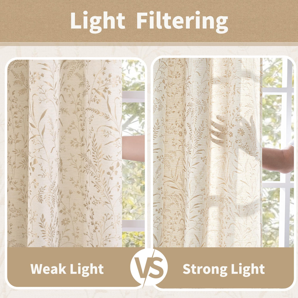 Beige Floral Linen Curtains 84 Inch Length