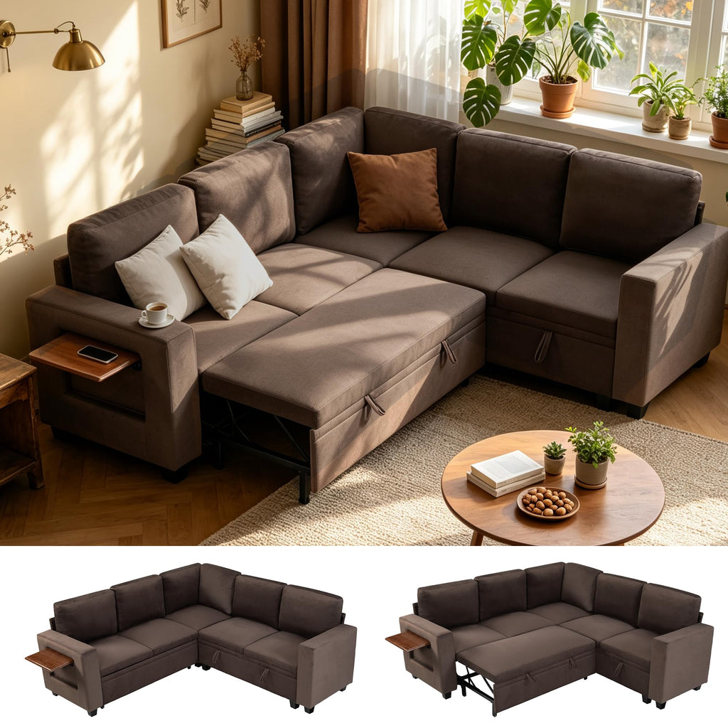 Modular Sectional Sofa with Pull Out Bed Sleeper Sofa L Shaped with Storage, Sectional Couch Convertible Sofa Bed
