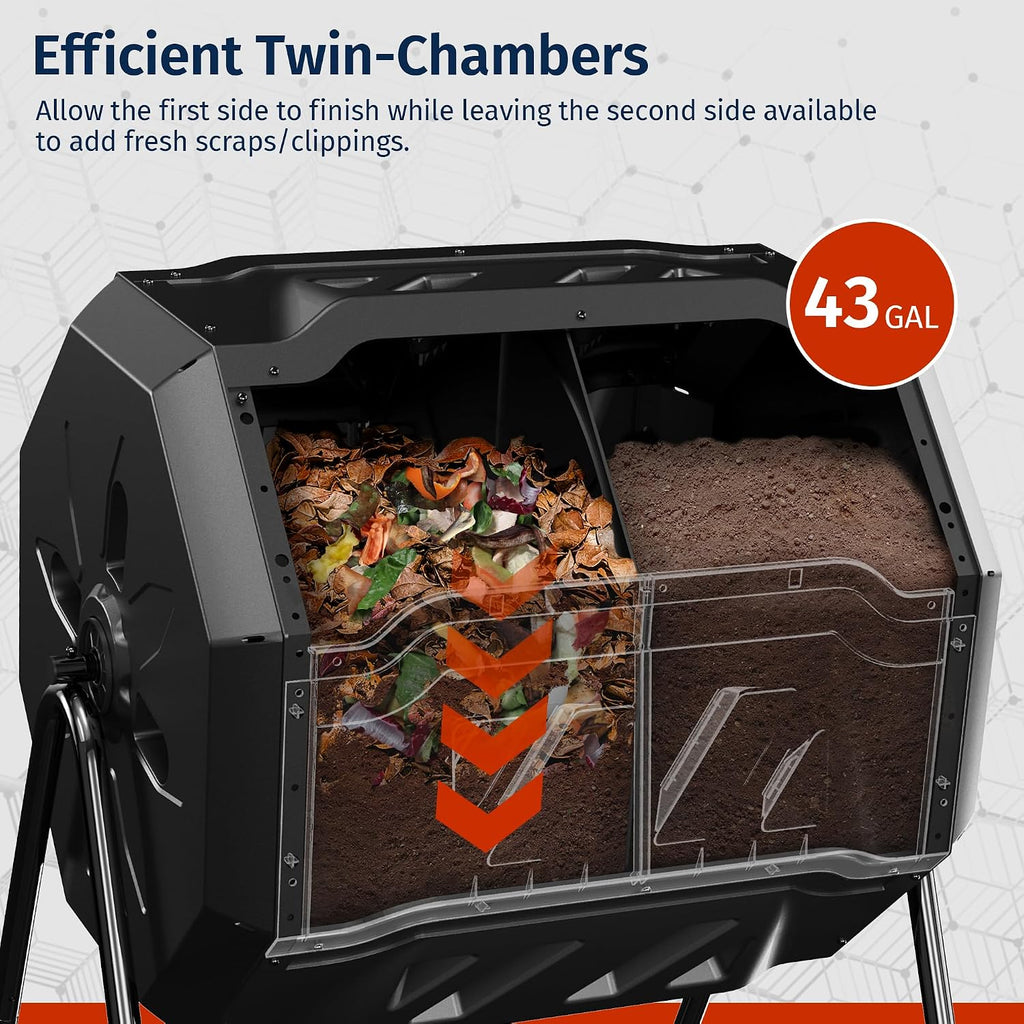 Compost Tumbler Outdoor, 43-Gal Dual Chamber Compost Bin with 2 Sliding Door and Aeration System, Tumbling Rotating