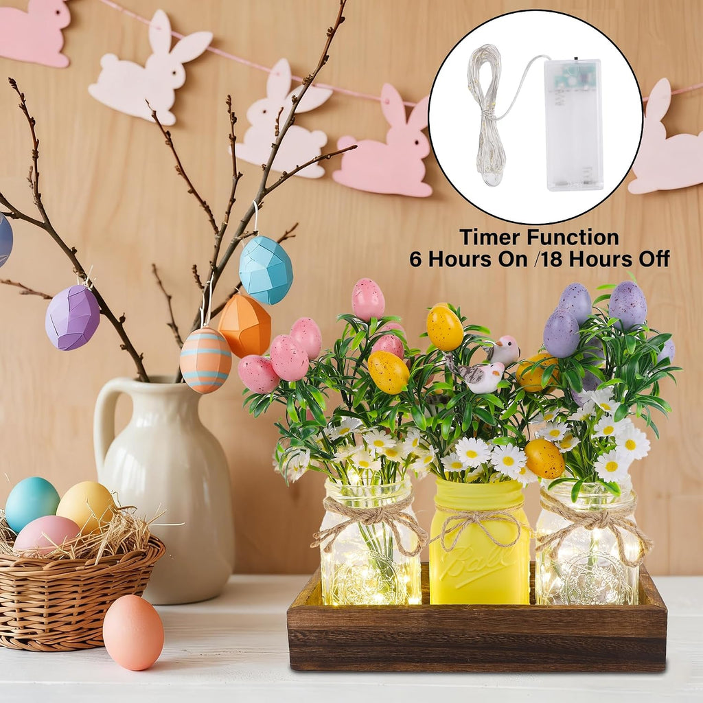 Easter Decorations, Easter Table Centerpiece with Egg Picks in Glass Vases, Wood Tray & Led Lights with Timer, Spring - Set of 3