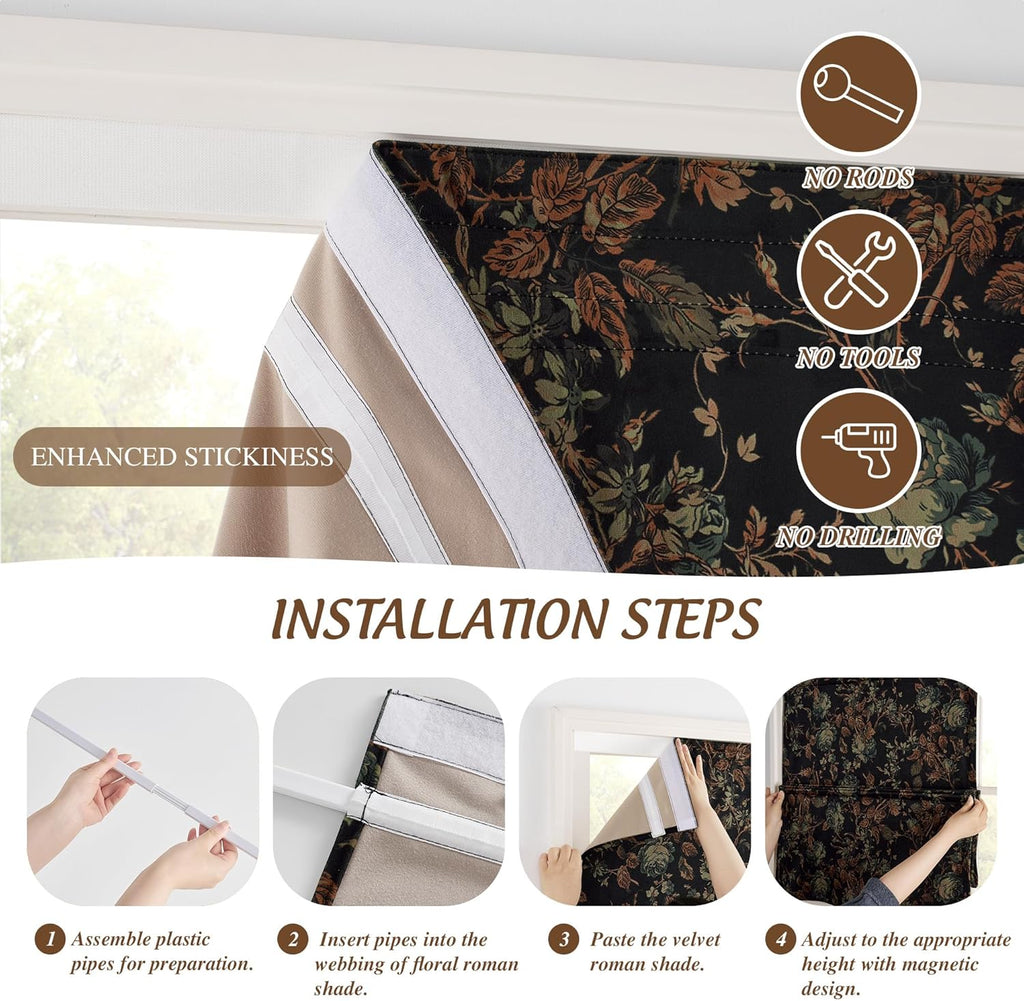 Black Floral Roman Shades for Windows, Cordless Magnetic Velvet Window Blind with Privacy Vintage Moody Botanical