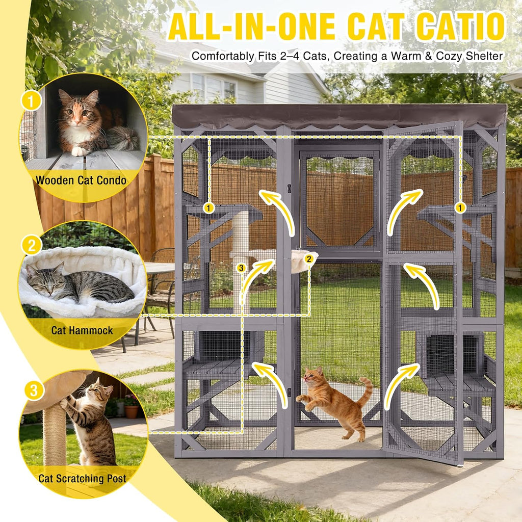 Catio Outdoor Cat Enclosure with 7 Platforms, 2 Resting Boxes, Large Window Cat House for 4-6 Mulitiple Cats Walk