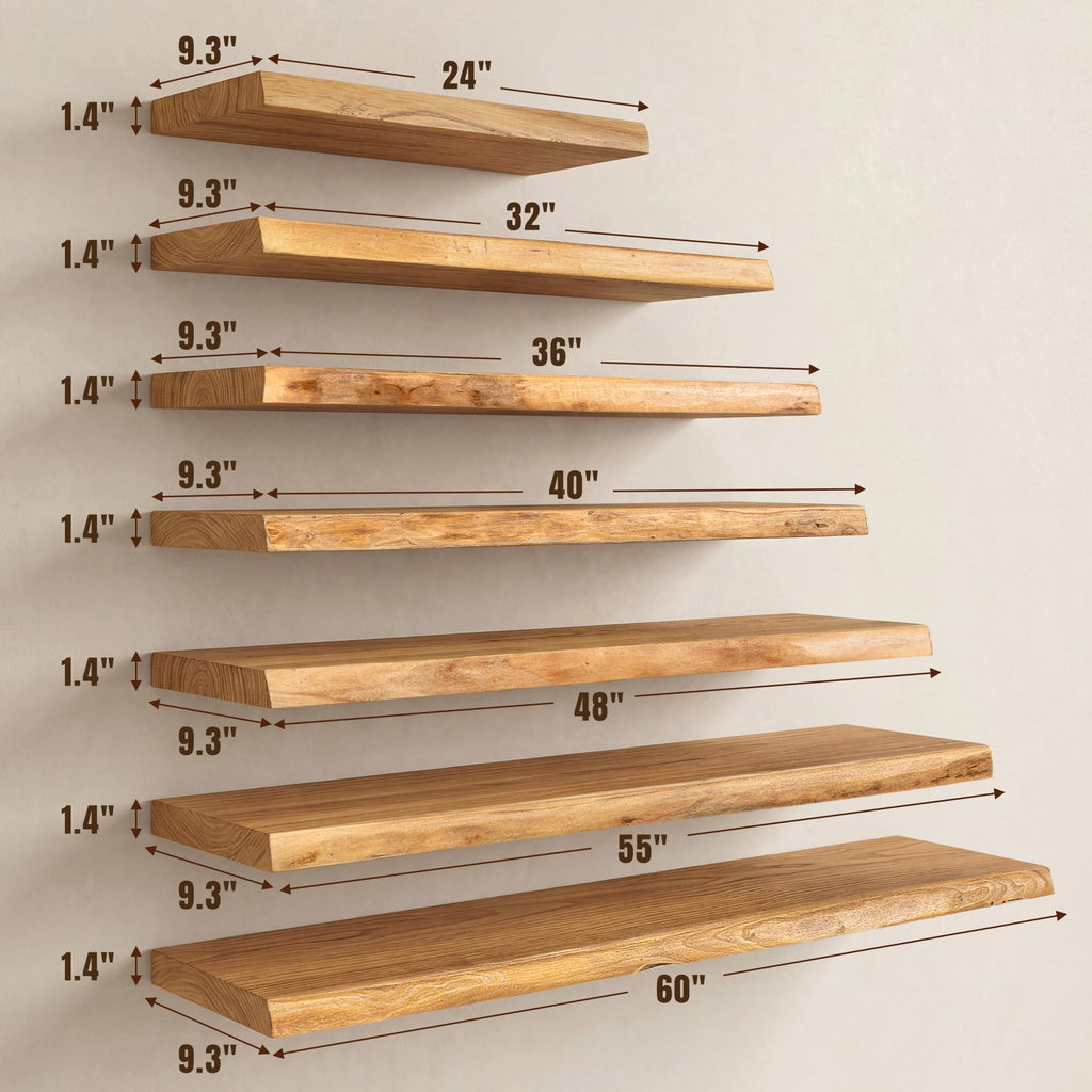 48" Live Edge Floating Shelf, Solid Elm Wood Wall Shelf