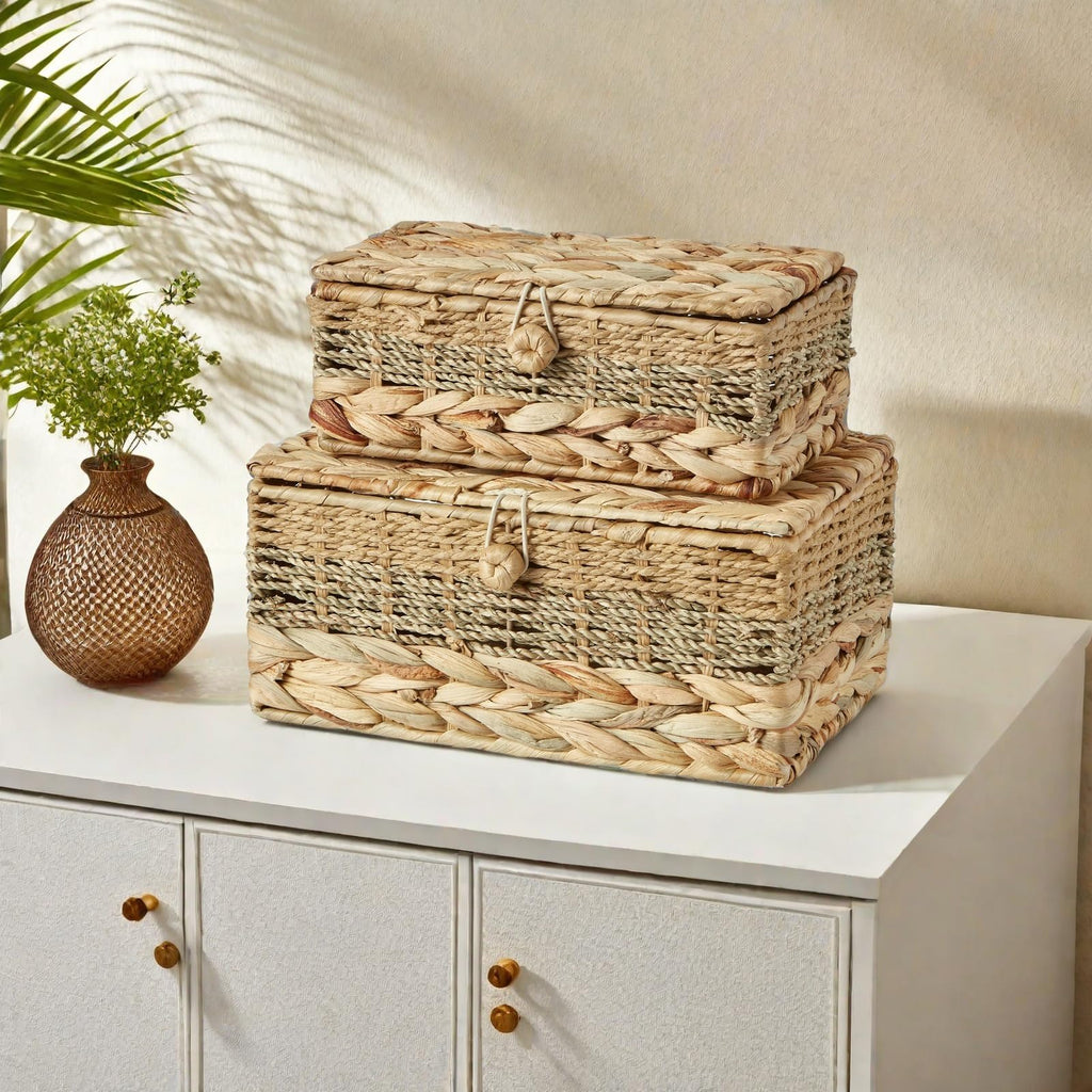 2PCS Wicker Storage Baskets with Lids Decorative Rattan Boxes