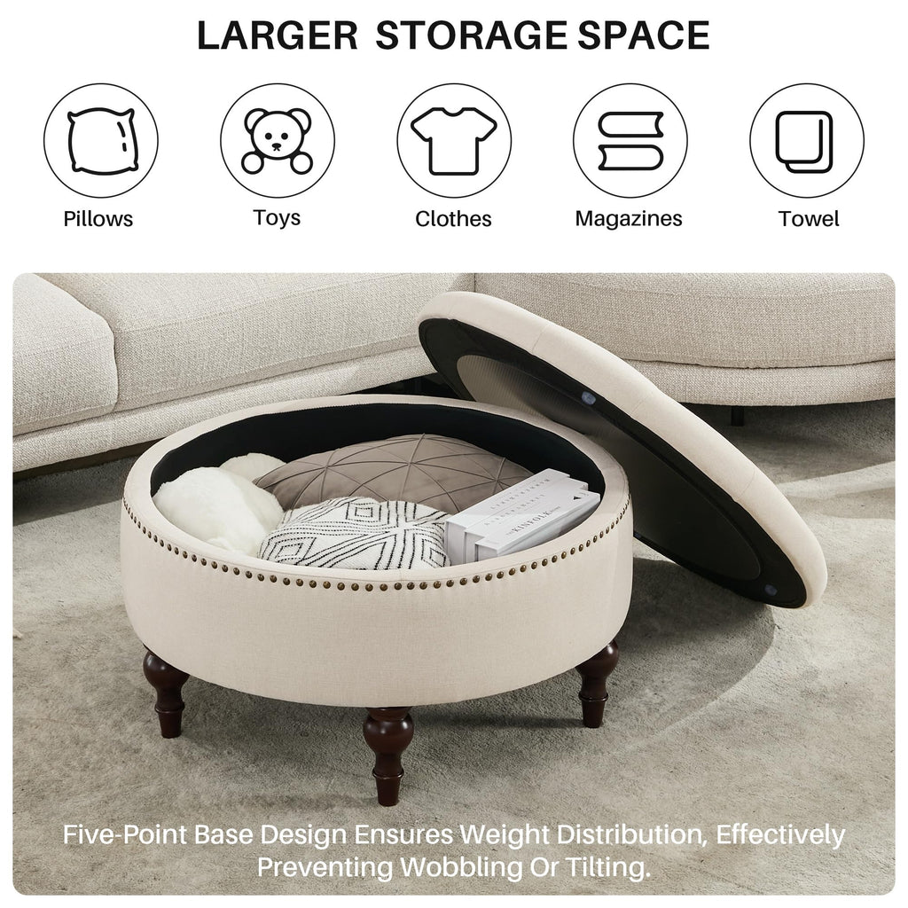 31.5" Round Storage Ottoman, Tufted Linen Coffee Table, Beige