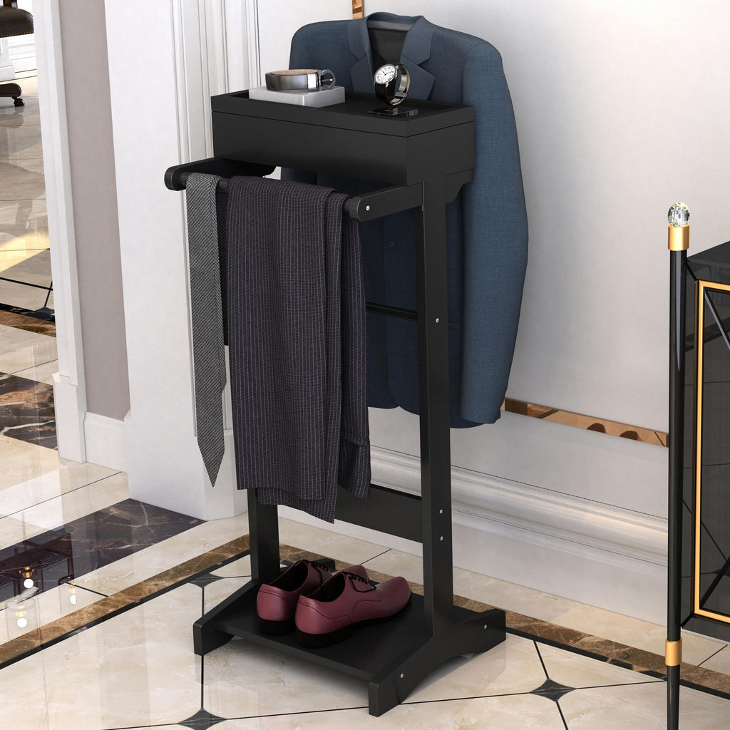 Clothes Valet Stand for Men, Wooden Suit Rack with Flip Tray & Coat Hanger