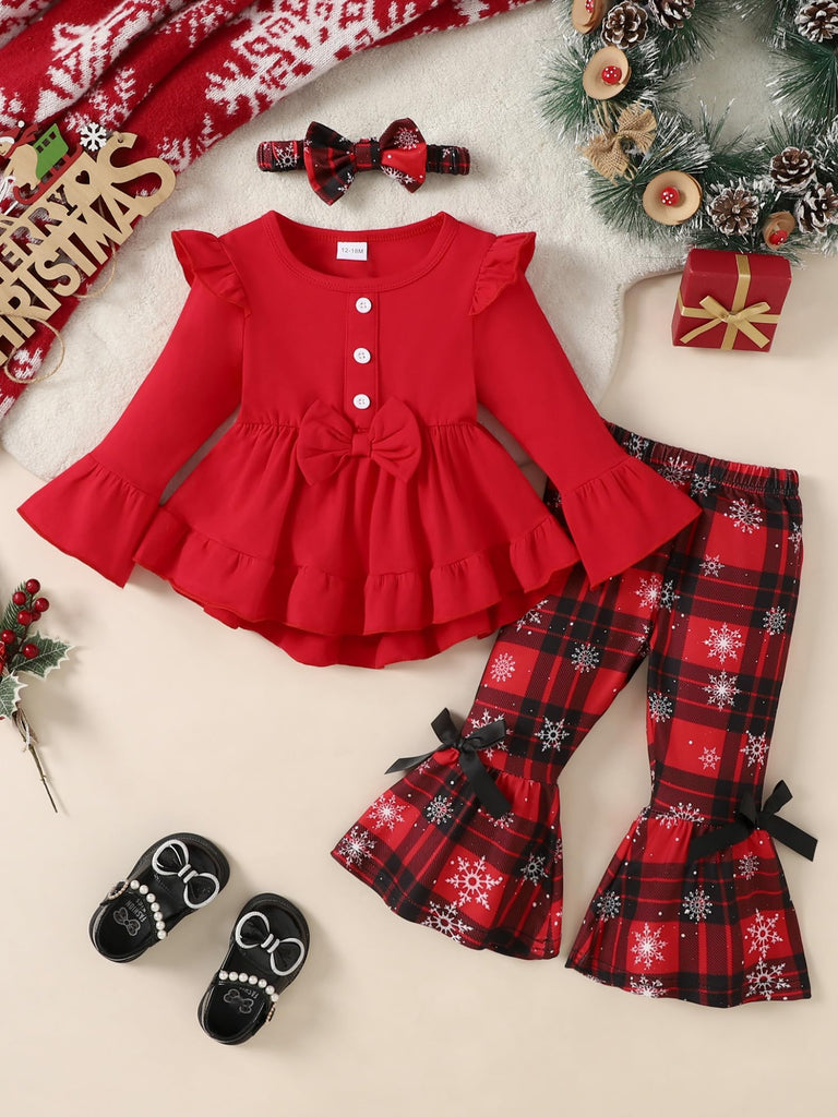 Toddler Baby Girl Christmas Outfit Ruffle Shirt Top Plaid Bell Bottom Pants Set Fall Winter Clothes, Red