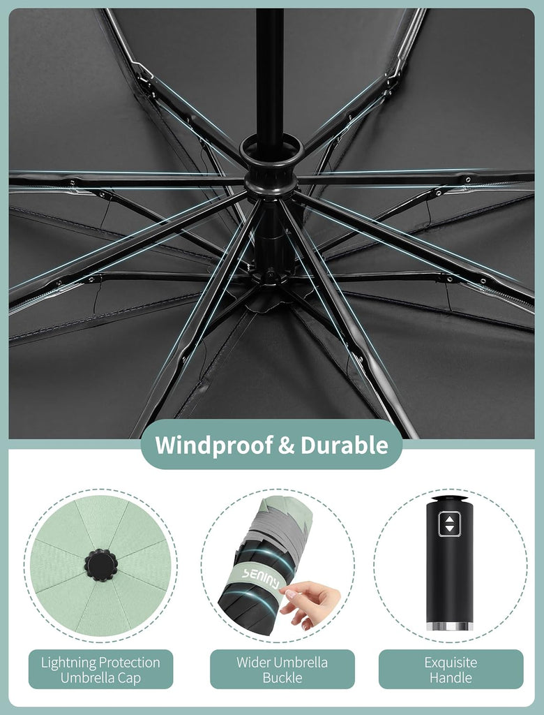 Inverted Travel Umbrella Compact - Windproof Umbrellas for Rain with Reflective Strip, Small UV Umbrella for Sun