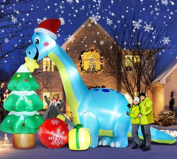 13.6 Ft Long Christmas Inflatable Decorations, Huge Xmas Inflatable Dragon Dinosaur with Trees Gift Hats Decors