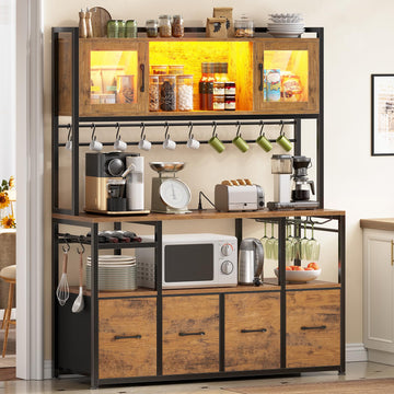 Bakers Rack with Power Outlet and LED Light, 47.2'' Microwave Stand with Storage, Kitchen Coffee Bar Cabinet with