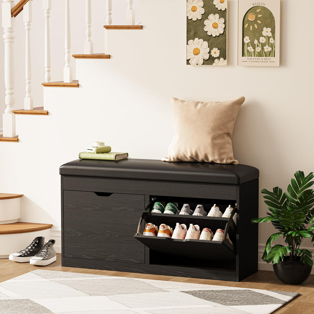 40" Shoe Storage Bench with Flip Drawers Padded Seat Cushion, Shoe Cabinet with Lift Top Storage Box, Shoe Bench Shoe