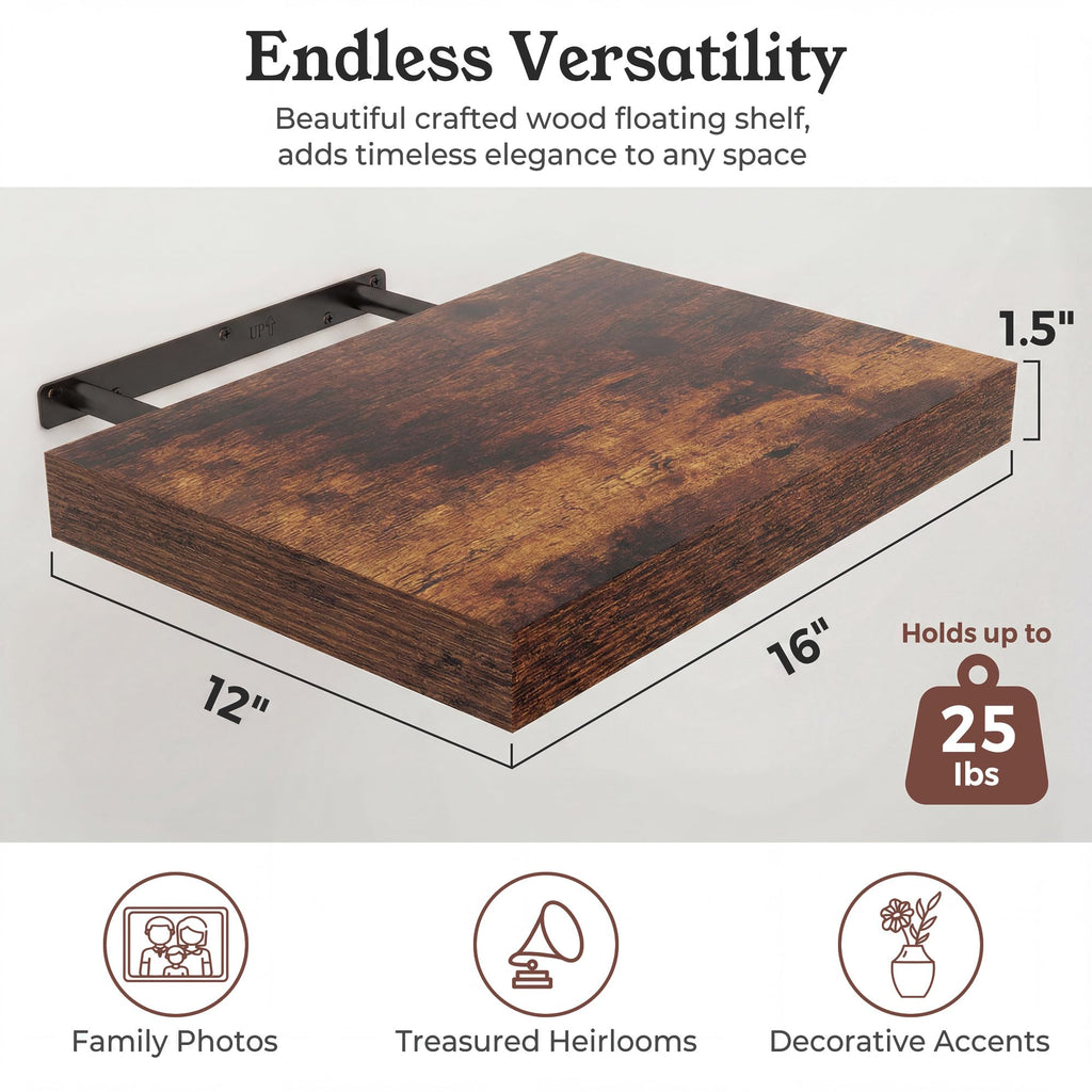 16" Rustic Brown Floating Shelves 12inch Deep Wall Shelf, Set of 2
