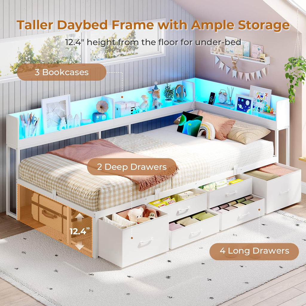 Corner Bed Frame with 6 Drawers, Twin XL Daybed Bookcase Storage
