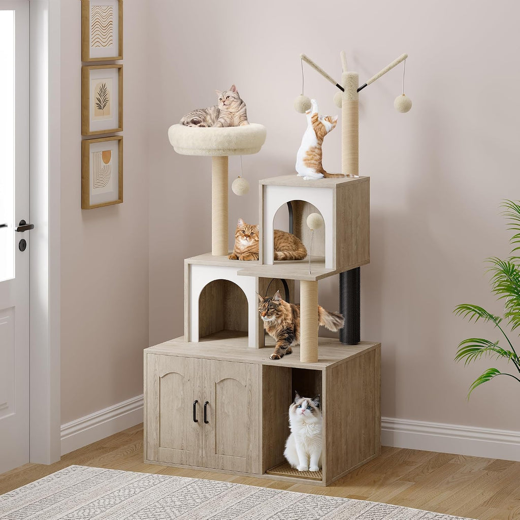 Cat Tree with Litter Box Enclosure All-in-One Cat Tower Cabinet Furniture