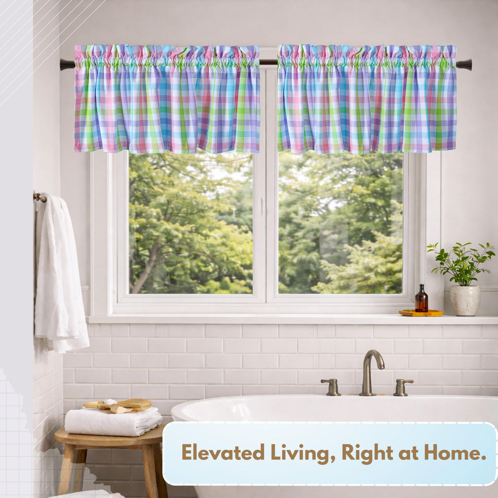 Gingham Window Kitchen Curtains, 2 Pack, Multicolor, 54x18 Inches, Rod Pocket, Semi Sheer, Decorative Valance Topper