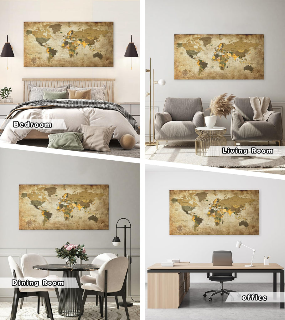 Art World Map Canvas Wall Art Vintage Large Map of The World 20" x 40" Framed Canvas Print Artwork Living Room Wall