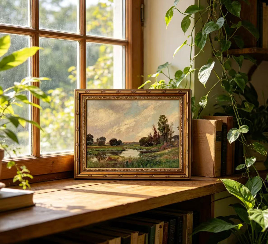 Vintage Gold Framed Landscape Wall Art, Retro Impressionist River Landscape Oil Painting Canvas Prints, Rustic Meadow