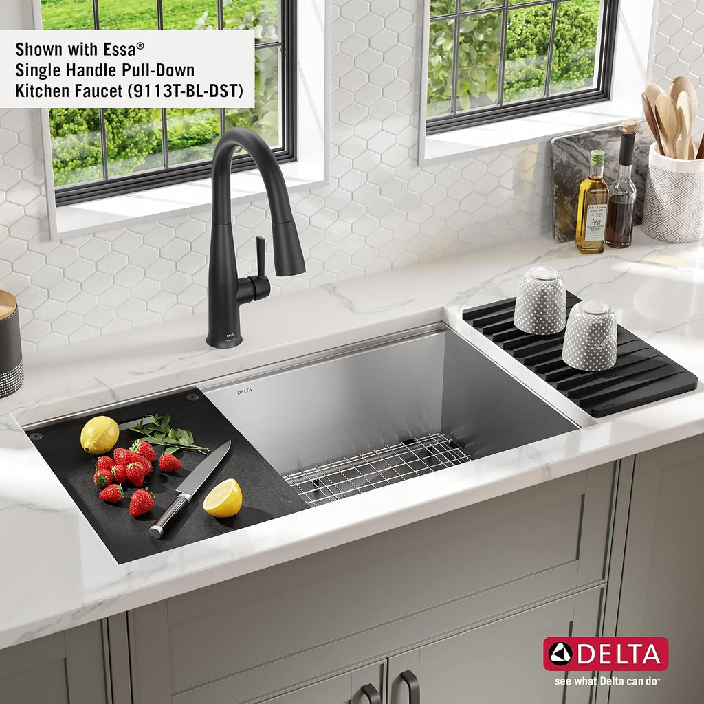 Rivet 32-Inch Workstation Kitchen Sink Undermount 16 Gauge Stainless Steel Single Bowl with WorkFlow Ledge and Chef's