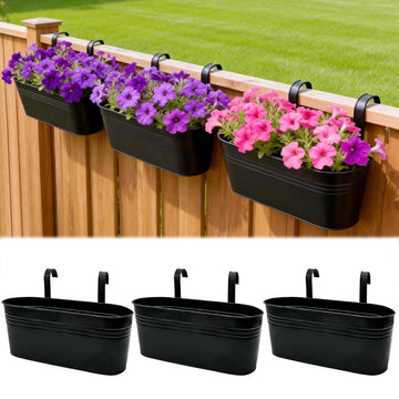 Metal Railing Planter Boxes 16 Inch, 3-Pack Adjustable Hanging Flower Pots for Balcony, Deck, Porch & Fence